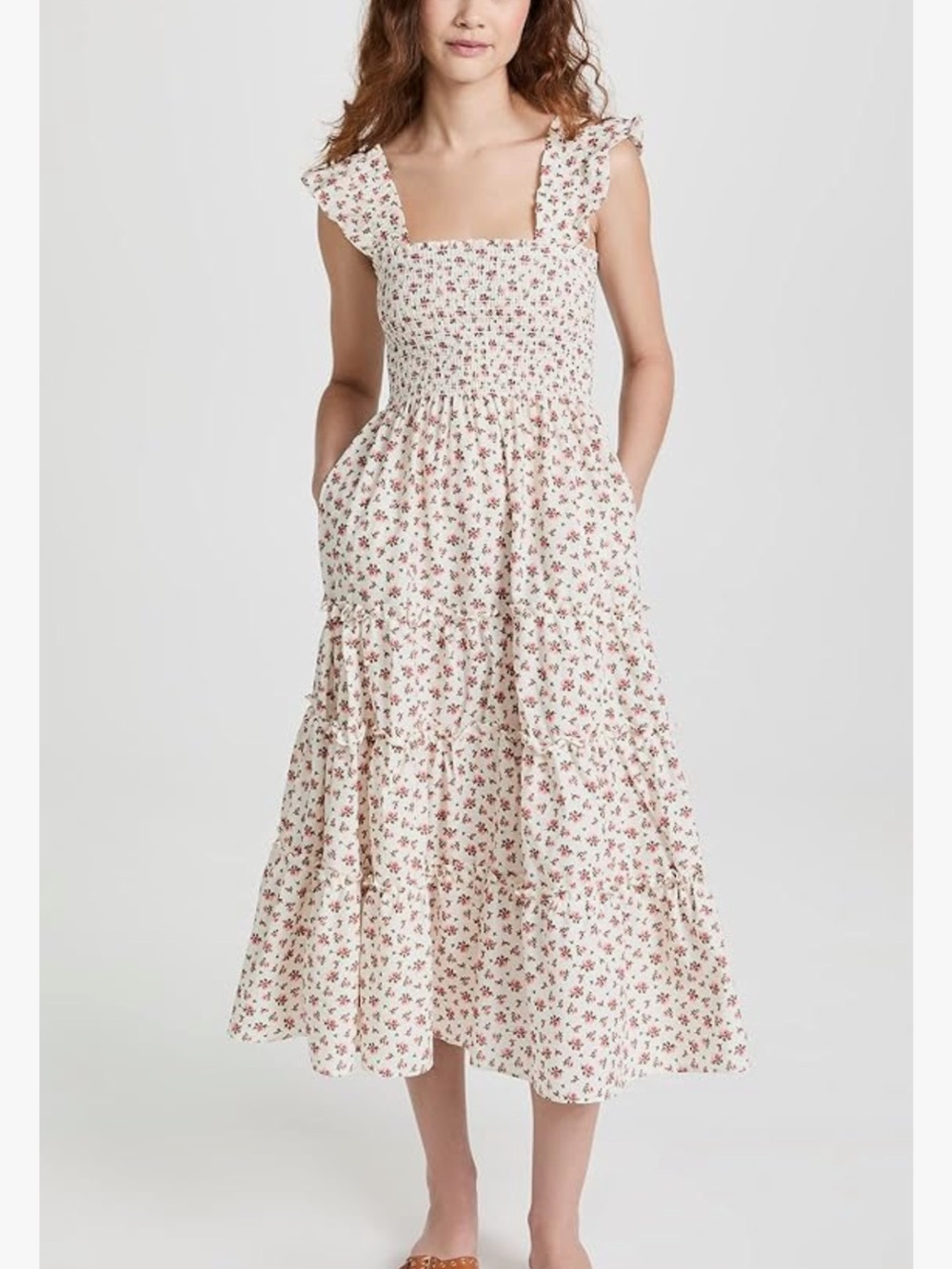 Ruffled Smocked Midi Dress in Cream with Pink Floral